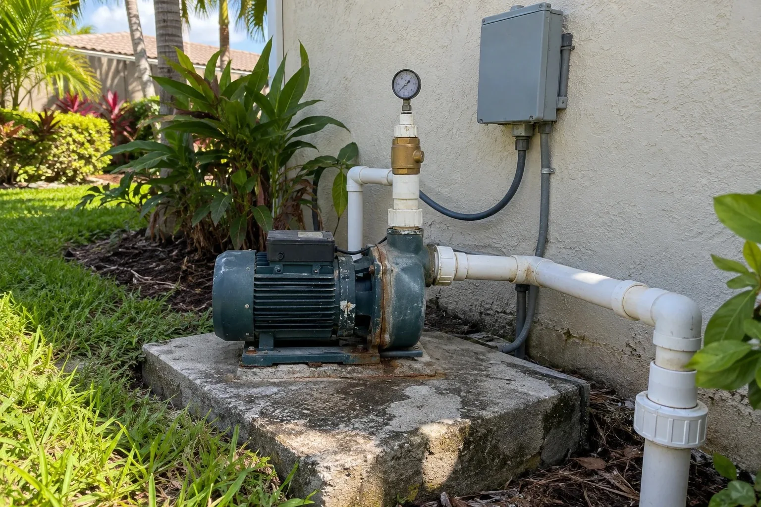 An electric irrigation pump on a concrete pad beside a house, with PVC piping, a pressure gauge and a control box